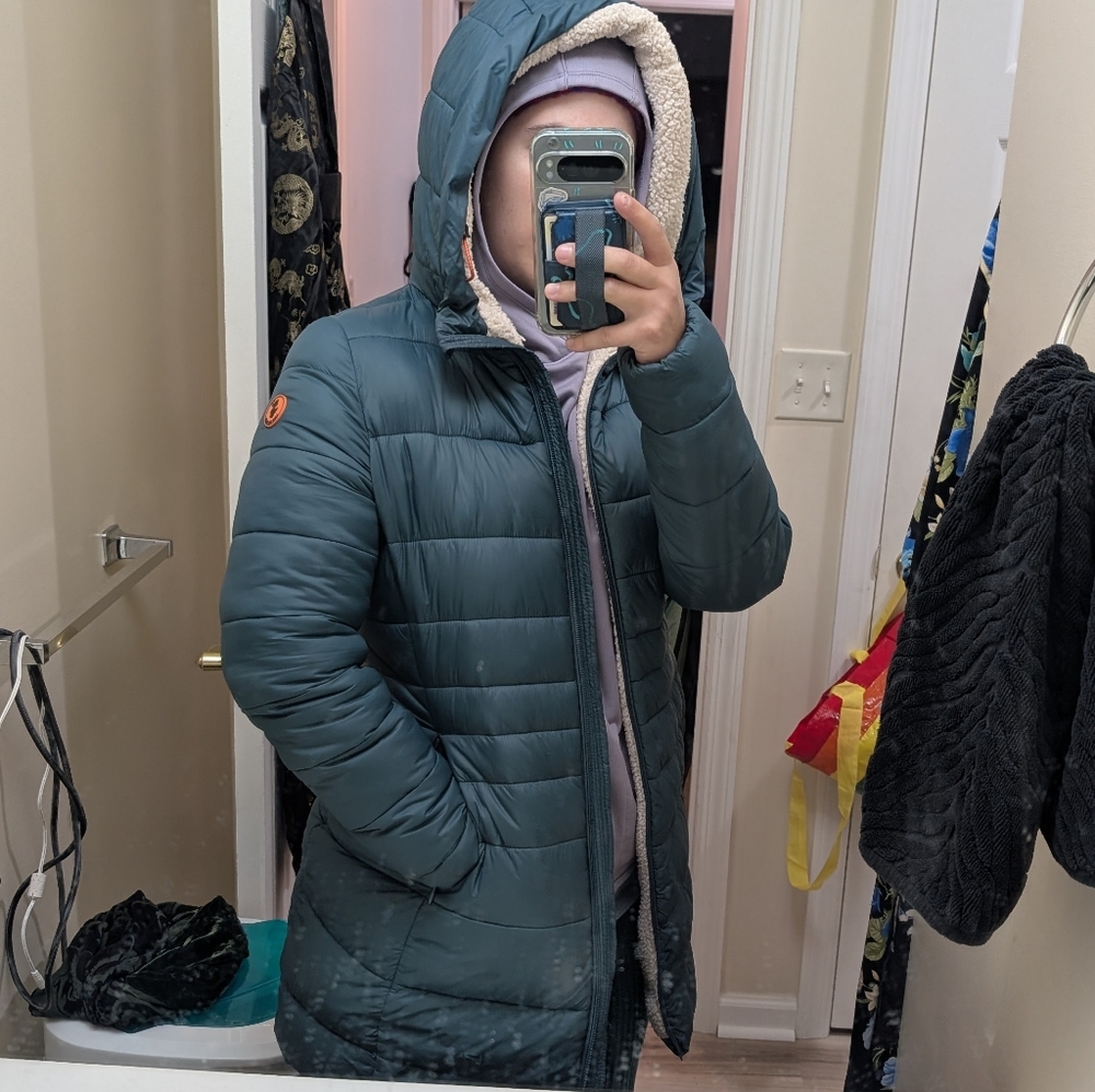 Save The Duck Puffer Long Jacket, Teal Blue Green Women's Winter Coat - Picture 14 of 16